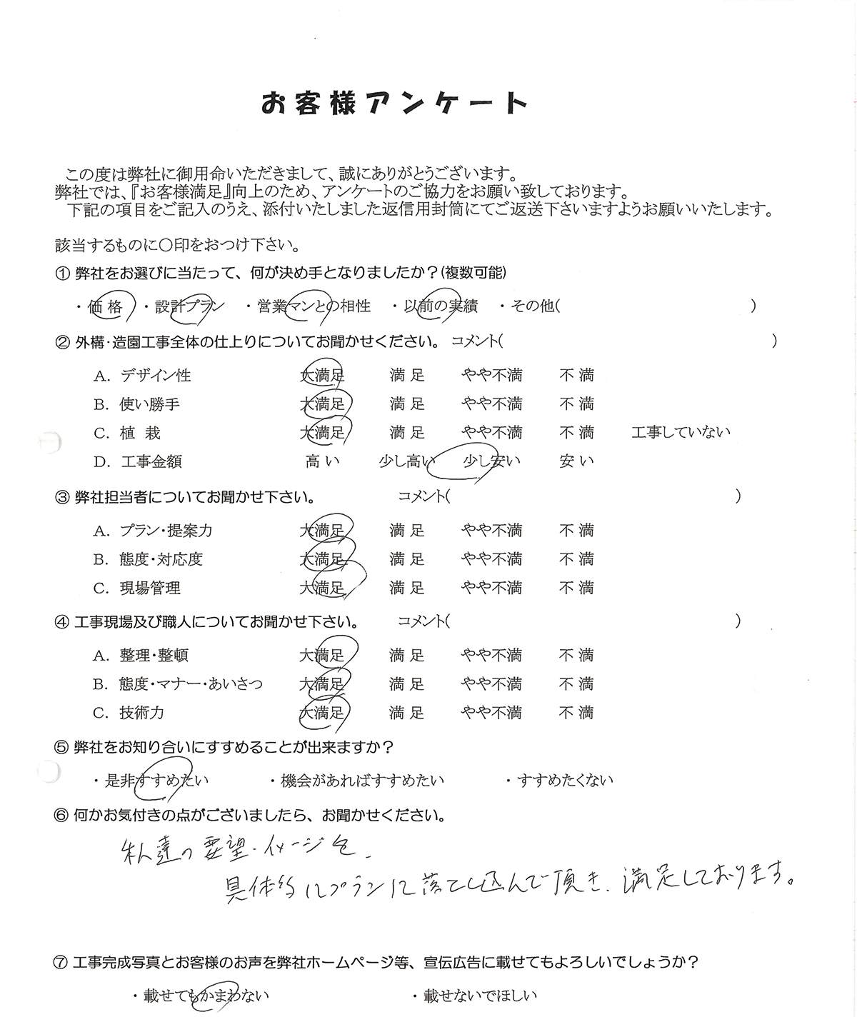 アンケート用紙
